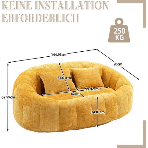 Canapé Pouf Gonflable Fauteuil Poire Durable, Chaise Lounge Dossier Haut pour Adultes et Enfants, Intérieur & Extérieur, Siège Sol Confortable Moelleux (Jaune Chenille) (1/5)