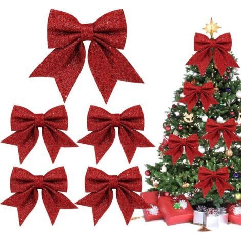 Set mit 5 großen, glitzernden Weihnachtsschleifen für Kränze, Girlanden und Christbaumschmuck, rot (1/5)