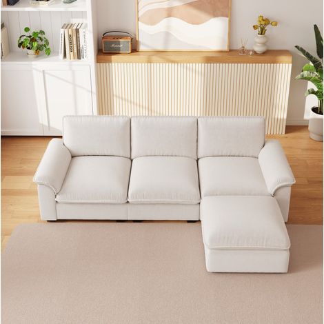 Canapé d’angle 260x154x86 cm beige en chenille avec ottomane modulable et 5 coussins (1/5)