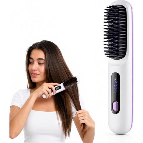 Brosse lissante sans fil, pour cheveux portable avec 3 niveaux de chaleur, mini lisseur USB-C rechargeable voyage, déplacement et coiffage quotidien (1/4)