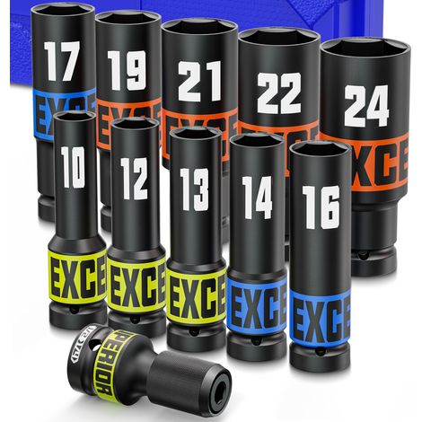 Lot de 11 douilles pour visseuse à percussion 1/2", douilles à choc 10-24 mm, douilles longues avec adaptateur à douille, réparations automobiles, réparation domestique (1/4)