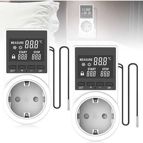 Lot de 2 prises thermostat, écran LCD, chauffage, refroidissement, minuterie numérique avec tête étanche, minuterie pour serre, aquarium, terrarium (1/5)