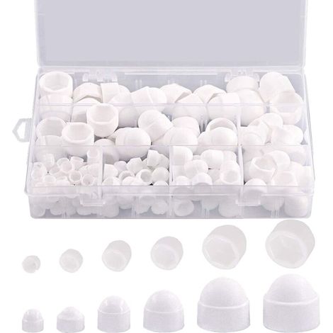 Cache-Écrou Hexagonal - 145 pièces, Cache-Écrou Hexagonal Bombé M4-M12 + Boîte Rangement - Blanc, Pour Meubles/Automobile (1/5)