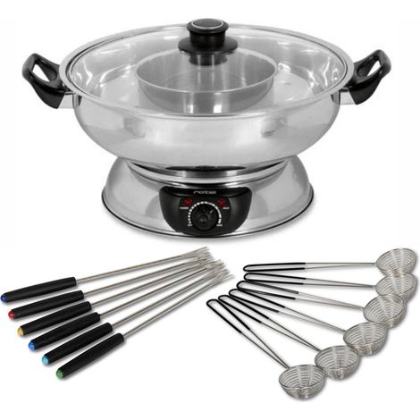 Appareil à fondue électrique 2 compartiments 3,5L – 6 personnes – Acier inoxydable – Puissance 1600W – Thermostat réglable – Rotel