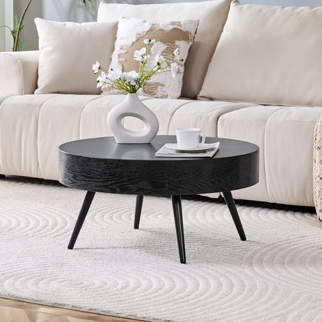 Table basse ronde 70cm MDF aspect bois noir,pieds métal noir. Design minimaliste idéal pour salons et petits espaces.