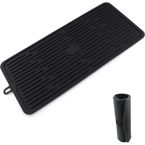 CCYKXA Kitchen draining mat, black silicone draining grid (47 x 20 cm), non-slip dish drainer, heat-resistant and dishwasher-safe, for storing cutlery and dishes