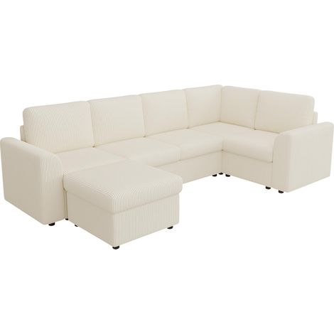 Canapé moderne au style contemporain, canapé d'angle en L en velours côtelé avec accoudoirs, 1 pouf multifonction mobile, montage facile, mousse haute densité, beige (B282 × H85 × T153 cm). (1/5)