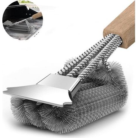 3-in-1 Grillbürste mit Schaber – Gesamtlänge: 30 cm – 20,2 cm Holzgriff – Edelstahlspiralen (1/5)