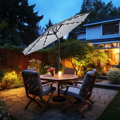 Patio Garden Parasol LED Lights Sun Shade Round Umbrella with Crank Tilt 2.7M Grey