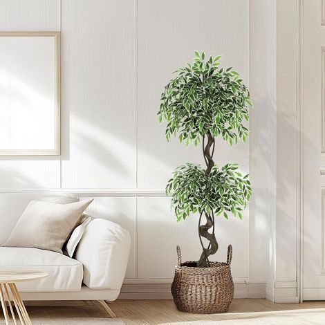 150cm Grande Ficus Artificielle Réalistes,Arbre Artificiel Interieur/extérieur avec Pot,Multi Tronc & Feuillage,Mousse et Galets,sans Entretien,Fausse Plante décorative (1/5)