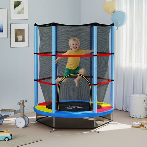 Trampoline élastique pour enfants de 3 à 6 ans avec filet de protection, 6 poteaux et 3 entrées, Ø140x190 cm, multicolore (1/5)