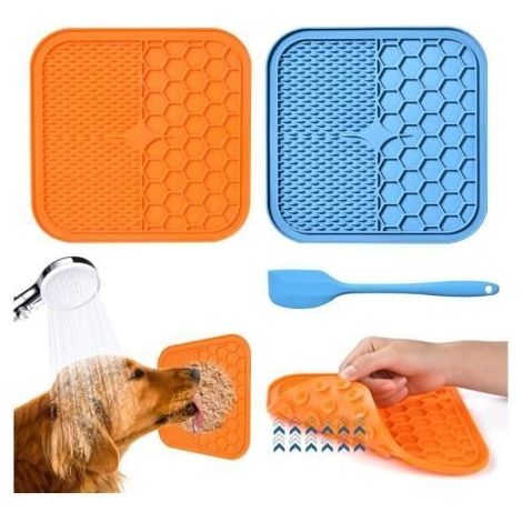 (Bleu, Orange)Tapis de Lèche Chien, 2 Pièces Tapis de Lechage pour Chat sans BPA avec 1 Spatule en Silicone, Ventouses Extra Fortes pour Le Bain, (1/4)
