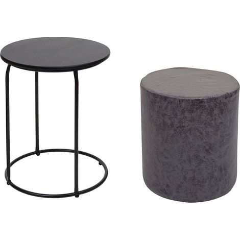Lot de 2 poufs et table d'appoint HHG-410, table basse table tabouret, certifié MVG MDF métal similicuir, noir