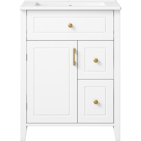 Mueble de baño freestanding 61 cm blanco con lavabo de cerámica, MDF, tiradores dorados (1/5)