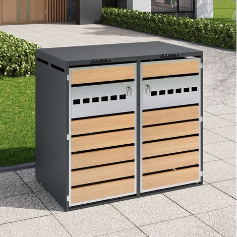 Armario para cubos de basura doble gris y madera en acero con tapa abatible y cierre (1/5)