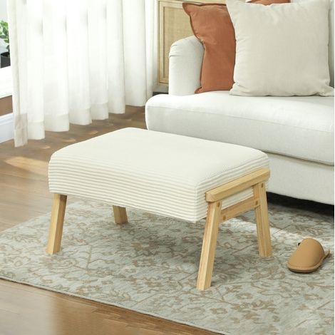 Taburete acolchado de tejido efecto cuerda con patas de madera color blanco crema (1/5)
