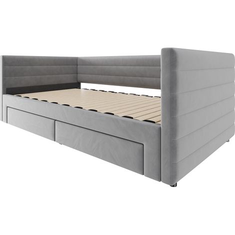 Lit rembourré 3-en-1, canapé-lit convertible 90 x 190 cm, lit multifonction avec tiroirs, transformable en lit simple/double avec sommier à lattes, coton et lin, gris (matelas non inclus)