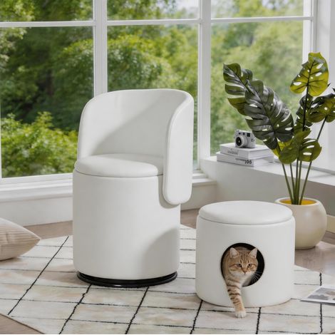 Fauteuil Pouf Pivotant 360° avec Rangement Intégré, Assise Rembourrée, Velours Blanc (1/5)