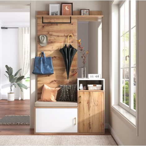 Mobile portascarpe da ingresso con specchio, panca e ganci 105 x 40 x 190,5 cm bianco e legno HAVRYA (1/5)