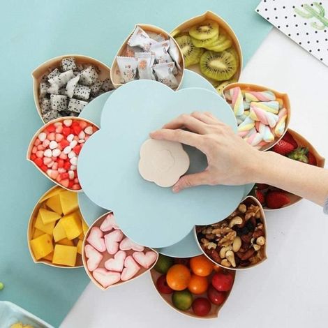 1 plateau de service à noix double couche, forme fleur, récipients rotatifs, 10 compartiments pour bonbons, bleu, idéal apéritif ou dessert (1/4)