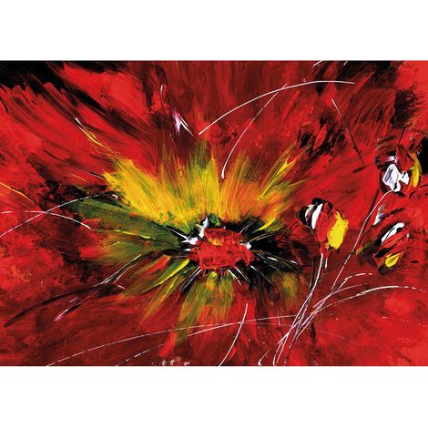 Tableau fleur rouge & jaune | Tableau fleuri original pour salon & couloir | Tableau sur toile motif abstrait pour chambre adulte - 0,7 x 0,5 m (1/2)