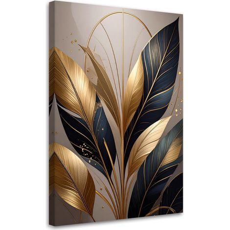 Stampe su Tela, Foglie decorative nei toni del blu navy e dell'oro. - 20x30 (1/2)