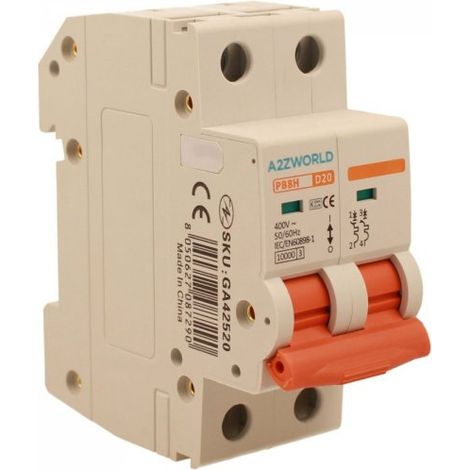 MCB Interruttore Magnetotermico Automatico Curva D 2P 2M 10000A D20A AC 400V IP20 IEC60898-1 PB8H