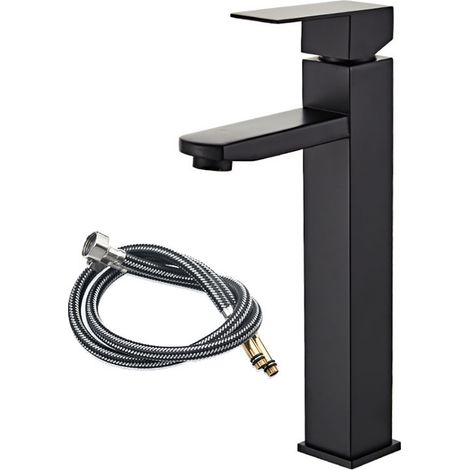 Robinet de salle de bain noir, mitigeur de lavabo, mitigeur de lavabo carré, mitigeur de lavabo en acier inoxydable à levier unique. (1/5)