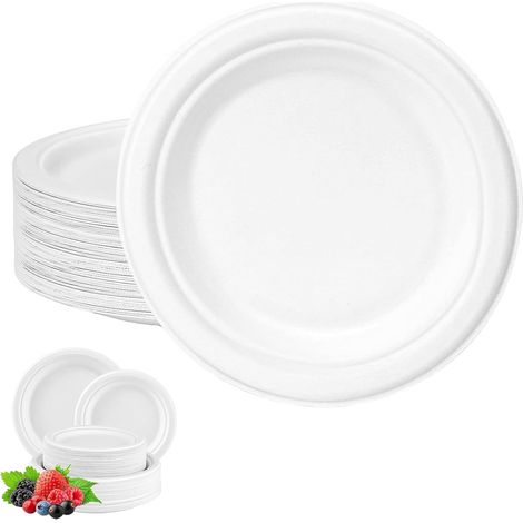 Assiettes Jetables Rondes 15cm - 100 Pièces - Fibre Canne À Sucre - Résistant Micro-ondes - Pique-nique Anniversaire - Blanc (1/5)