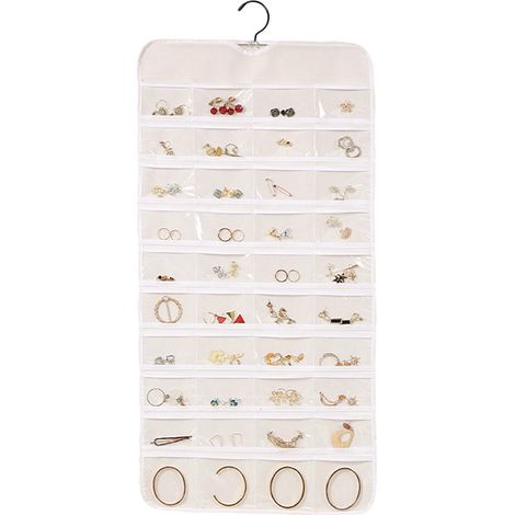 Roulette de rangement suspendue pour bijoux avec crochets métalliques, support double face pour boucles d'oreilles, colliers et bagues, à fixer dans un placard, au mur ou sur une porte. (1/5)