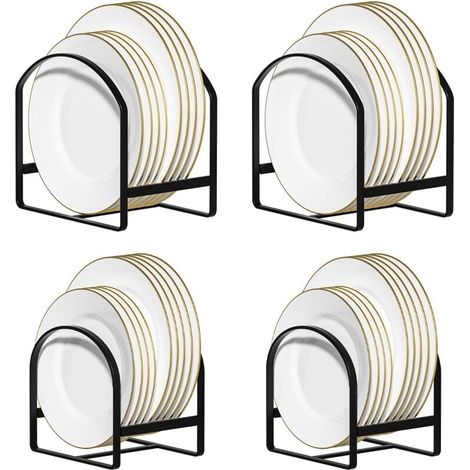 Lot de 4 grands supports de rangement pour assiettes verticales en métal pour placard et comptoir, antidérapant et antirouille - Noir (1/5)