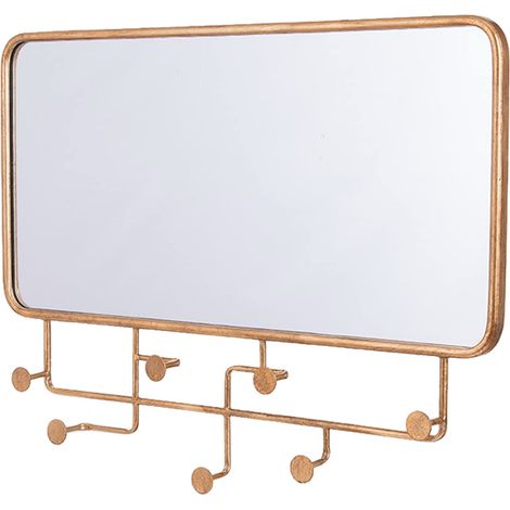 Porte-manteau mural avec 7 boutons et miroir en métal doré 80 x 6,5 x 61 cm, miroir 77 x 38 cm