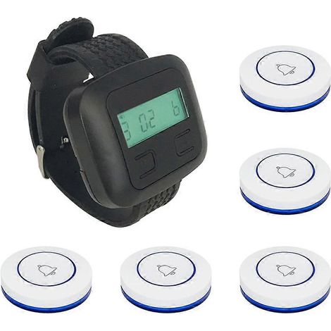 Système d'appel sans fil pour restaurant avec 5 émetteurs de boutons d'appel de table, 1 pager de montre et une sonnette de service pour serveur de restaurant B. (1/5)