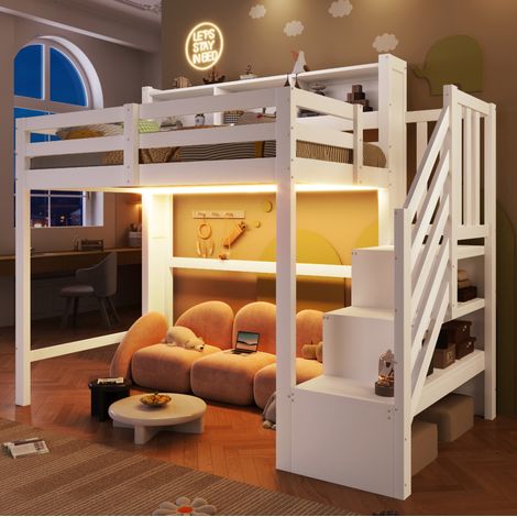 Hochbett 90x200 cm Weiß aus Kiefernholz mit LED-Beleuchtung, Stauraumtreppe und Schutzgeländer (1/5)