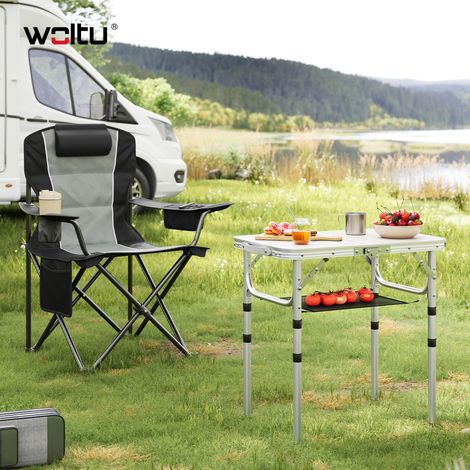 WOLTU  Campingtisch faltbar Picknicktisch Höhenverstellbar 25/36/50/60 cm, Klapptisch mit Aufbewahrungsnetz Haken, für Picknick Grill Garten, Weiß