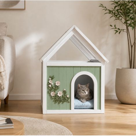 Casa per gatto e cane piccolo con tetto in acrilico, piano superiore utilizzabile come tavolino, legno e plastica menta (1/5)