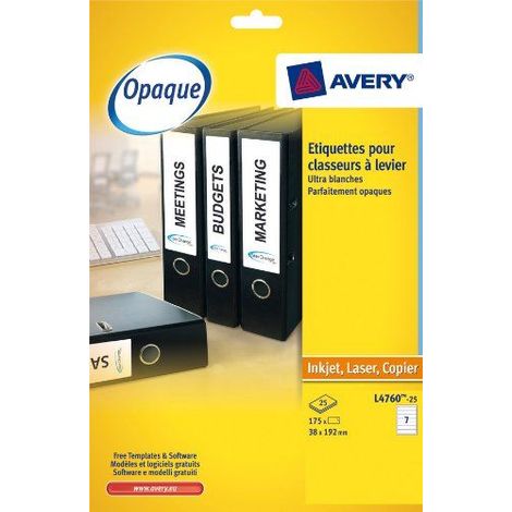 Etiqueta adhesiva avery permanente blanca 38x192 mm para lomo archivador laser caja de 175 unidades (1/5)