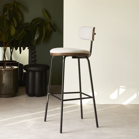 Chaise de bar en bois de chêne foncé, tissu gris et métal (1/5)