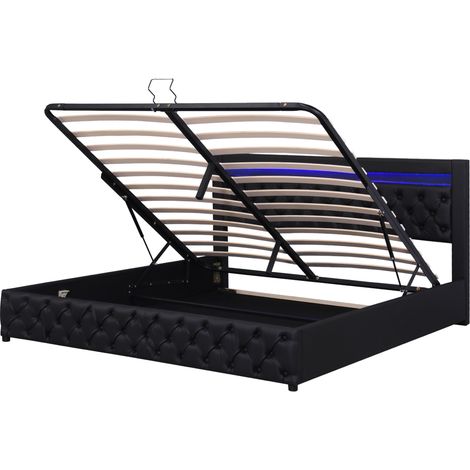 Cama tapizada 160 x 200 cm con somier, arcón de almacenamiento e iluminación LED, negro, PU (1/5)