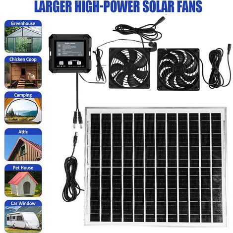 Kit de 2 ventilateurs étanches IP65 à énergie solaire pour poulailler, serre, abri de jardin, maison pour animaux domestiques, entrée ou ventilateur d'échappement
