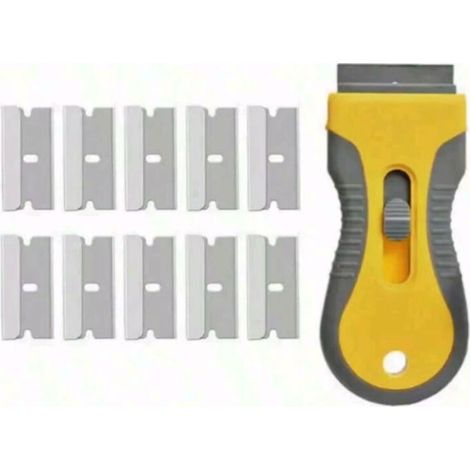 Lot grattoirs multi-usages – Outil de nettoyage avec 10 lames métalliques – Pour plaques de cuisson, fenêtres, stickers et mastic,Jaune (1/5)