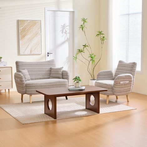 Canapé 2 places beige avec accoudoirs rembourrés, assise profonde et rangements latéraux pratiques (1/5)