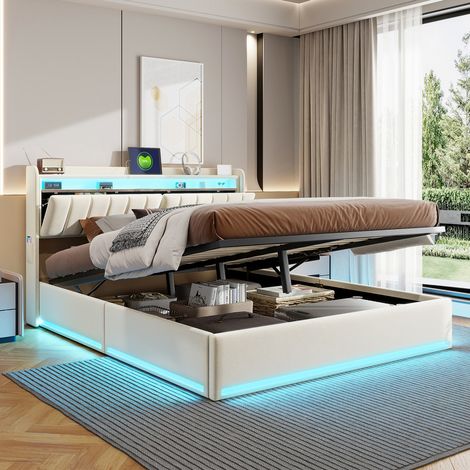 Lit Coffre 160x200 avec tête de lit rangement rabattable,avec LED et Ports USB,Lits 2 Personnes avec Sommier à Lattes,Lit Capitonné pour Adultes et Adolescents,design moderne,Velours,Beige (1/5)