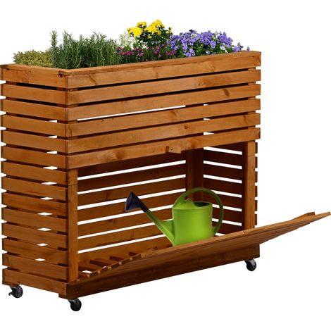 Grande Plate-Bande surélevée Rolla en Bois Massif avec roulettes Taille XL Jardinière surélevée avec Compartiment de Rangement 72 x 32,5 x 78 cm Marron (1/4)