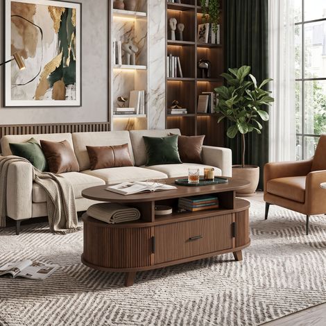 Creahappy Table Basse Ovale 100x50x40 cm - Gain de Place Rangement - Effet Noyer avec Tiroir et Portes Coulissantes Cannelées (1/5)