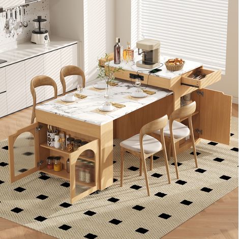 Tavolo cucina allungabile 55153x80x93 cm, con ruote, piani d'appoggio e vani portaoggetti, MDF e vetro, naturale (1/5)