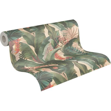 papier peint feuilles tropicales beige, vert, rose et rouge - Livingwalls (1/5)