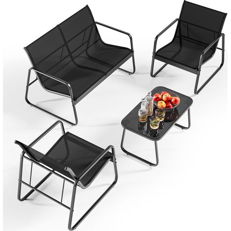 Bealife Conjunto de Muebles de Jardín para 4 Personas, Mesa y Sillas de Acero Cubiertas en Textilène, Mesa de Comedor de Vidrio Templado Ideal para Patio, Jardín y Otros Espacios Exteriores