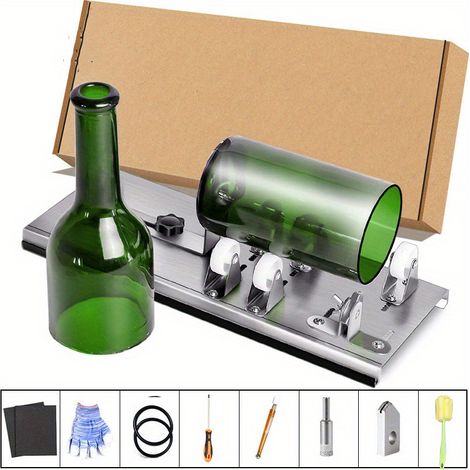 Kit de coupe pour bouteille en verre réglable Outil de bricolage, ensemble de machine de découpe en acier inoxydable pour vin bière alcool whisky alcool champagne bouteilles rondes de soda (1/4)
