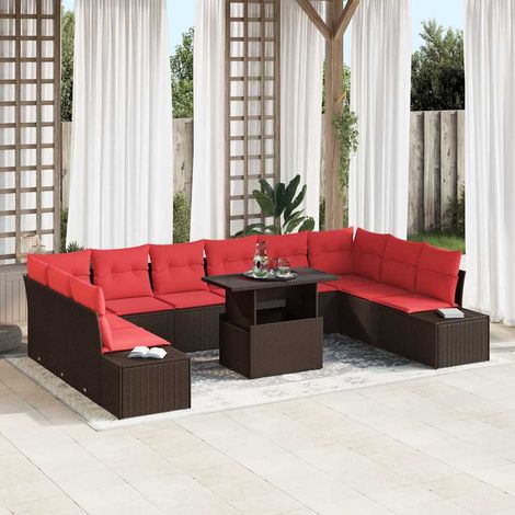 vidaXL Gartensofa-set mit Kissen 11 pcs Braun und Rot Poly-Rattan (1/5)